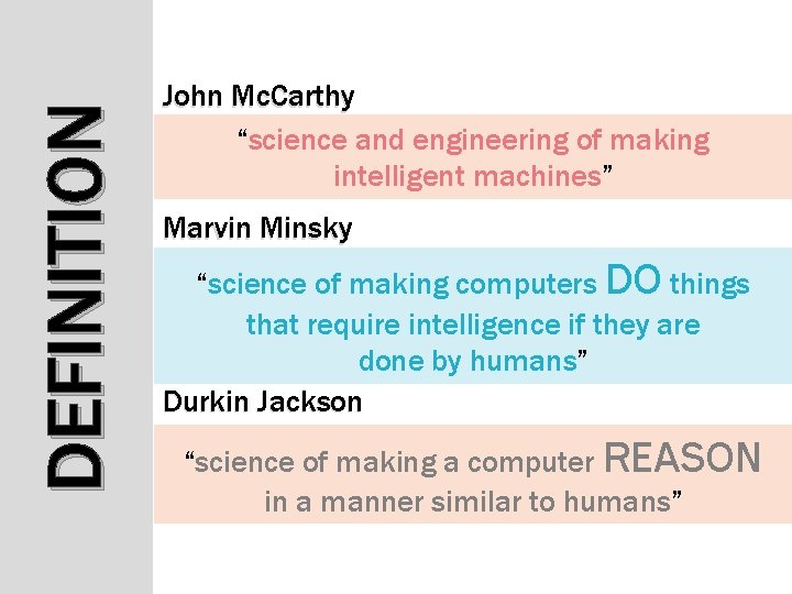 DEFINITION John Mc. Carthy “science and engineering of making intelligent machines” Marvin Minsky “science DEFINITION John Mc. Carthy “science and engineering of making intelligent machines” Marvin Minsky “science