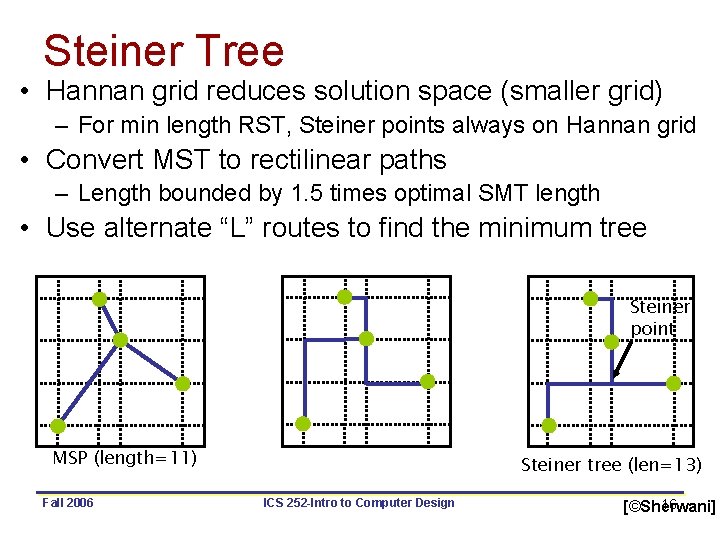 Steiner Tree • Hannan grid reduces solution space (smaller grid) – For min length