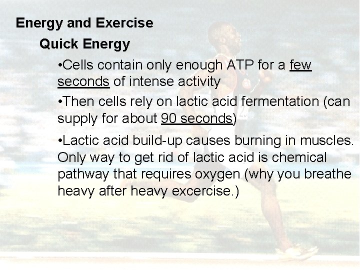 Energy and Exercise Quick Energy • Cells contain only enough ATP for a few