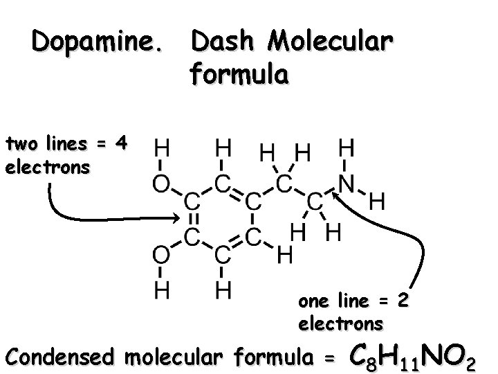 Dopamine. Dash Molecular formula two lines = 4 electrons one line = 2 electrons