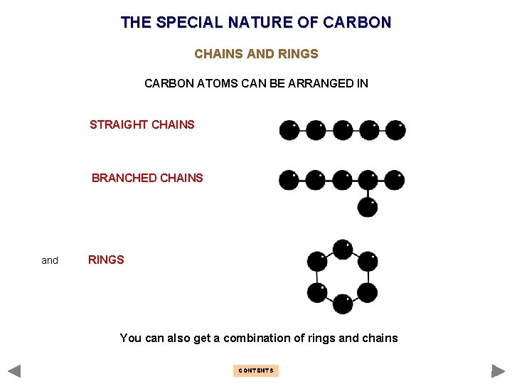 THE SPECIAL NATURE OF CARBON CHAINS AND RINGS CARBON ATOMS CAN BE ARRANGED IN