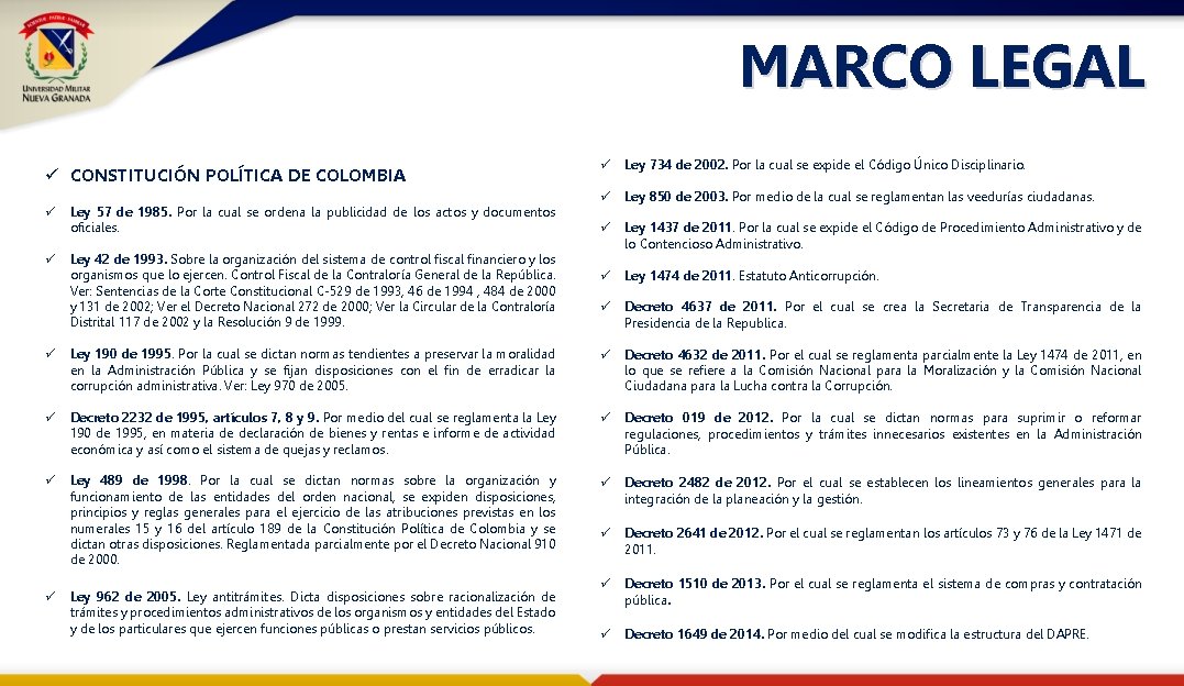 MARCO LEGAL ü CONSTITUCIÓN POLÍTICA DE COLOMBIA ü ü Ley 57 de 1985. Por