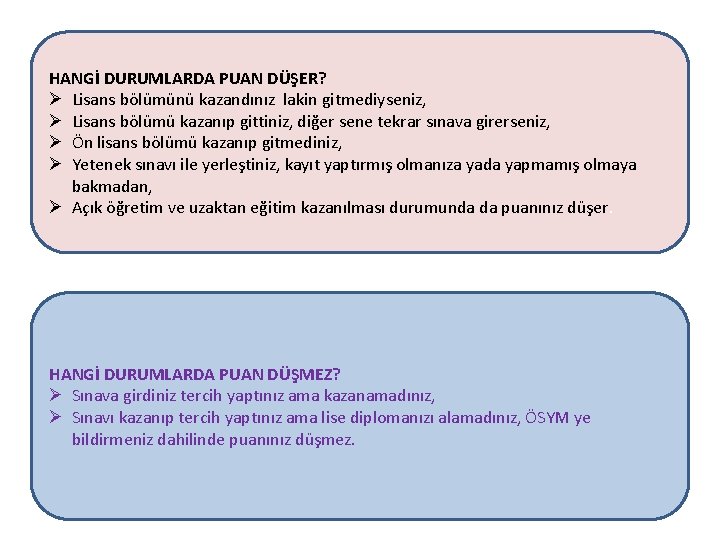 HANGİ DURUMLARDA PUAN DÜŞER? Ø Lisans bölümünü kazandınız lakin gitmediyseniz, Ø Lisans bölümü kazanıp