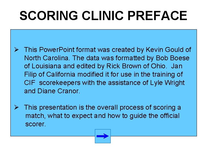 SCORING CLINIC PREFACE Ø This Power. Point format was created by Kevin Gould of