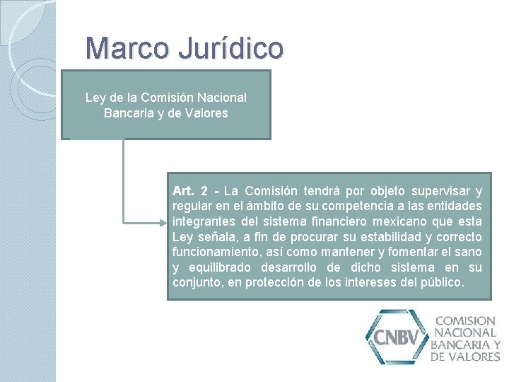 Marco Jurídico Ley de la Comisión Nacional Bancaria y de Valores Art. 2 -