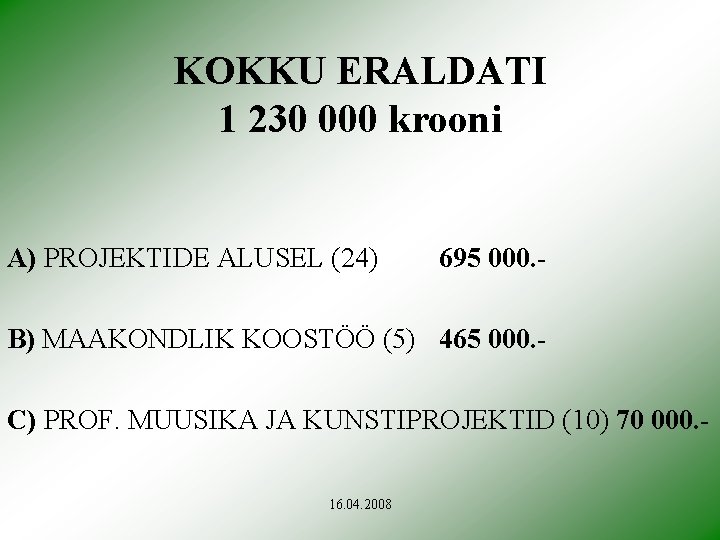 KOKKU ERALDATI 1 230 000 krooni A) PROJEKTIDE ALUSEL (24) 695 000. - B)