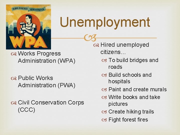 Unemployment Hired unemployed Works Progress Administration (WPA) Public Works Administration (PWA) Civil Conservation Corps