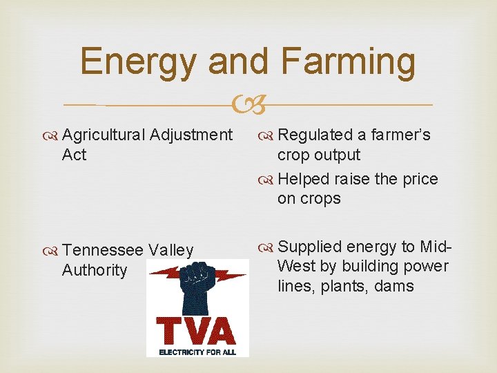 Energy and Farming Agricultural Adjustment Act Regulated a farmer’s crop output Helped raise the