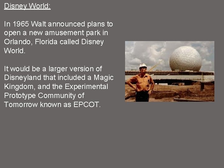 Disney World: In 1965 Walt announced plans to open a new amusement park in