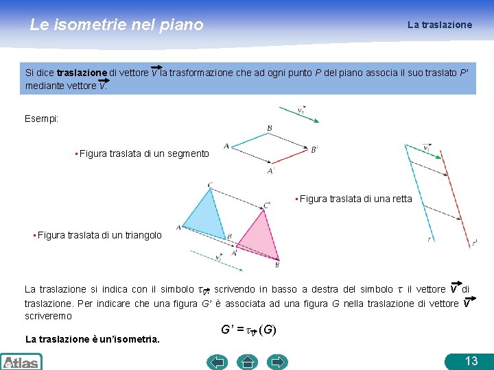Le isometrie nel piano La traslazione Si dice traslazione di vettore v la trasformazione