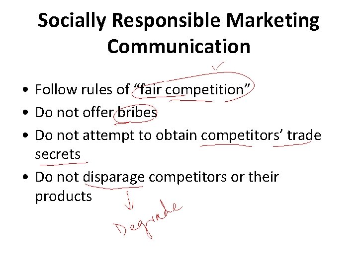 Socially Responsible Marketing Communication • Follow rules of “fair competition” • Do not offer