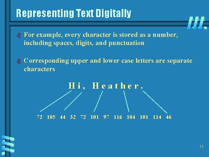 Representing Text Digitally b For example, every character is stored as a number, including