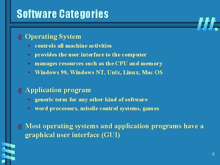 Software Categories b Operating System • • b controls all machine activities provides the