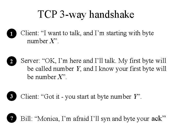 TCP 3 -way handshake 1 Client: “I want to talk, and I’m starting with