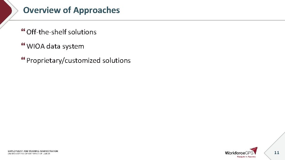 Overview of Approaches Off-the-shelf solutions WIOA data system Proprietary/customized solutions 11 