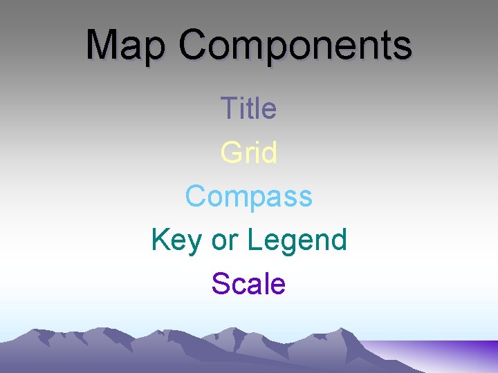 Map Components Title Grid Compass Key or Legend Scale 