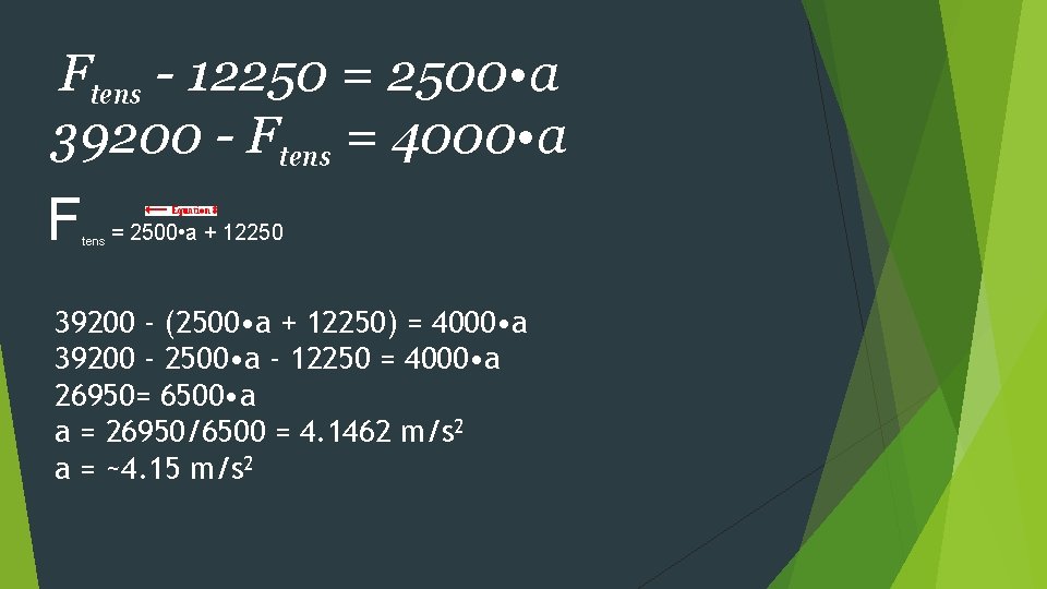 Ftens - 12250 = 2500 • a 39200 - Ftens = 4000 • a