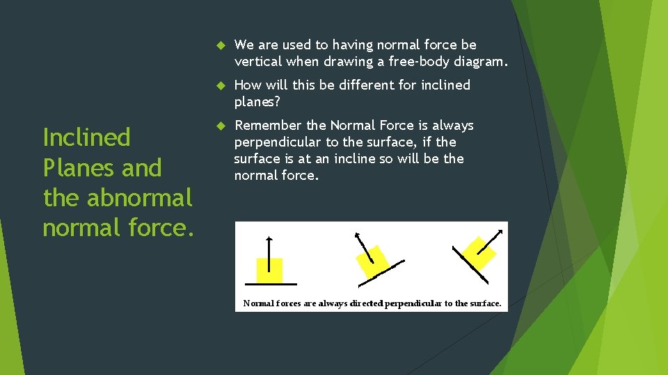 Inclined Planes and the abnormal force. We are used to having normal force be