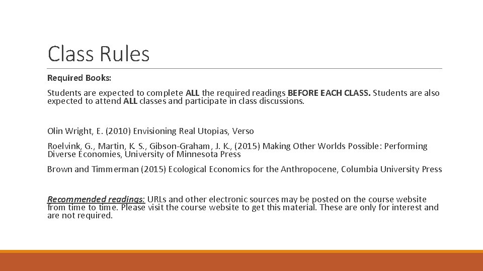 Class Rules Required Books: Students are expected to complete ALL the required readings BEFORE
