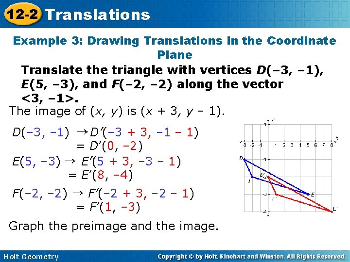 12 -2 Translations Example 3: Drawing Translations in the Coordinate Plane Translate the triangle