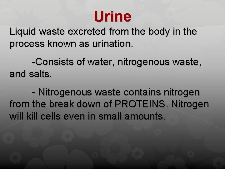 Urine Liquid waste excreted from the body in the process known as urination. -Consists