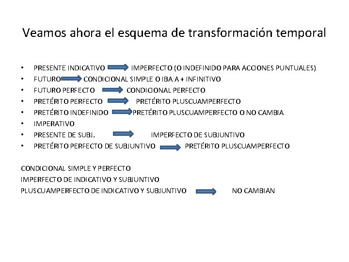 Veamos ahora el esquema de transformación temporal • • PRESENTE INDICATIVO IMPERFECTO (O INDEFINIDO