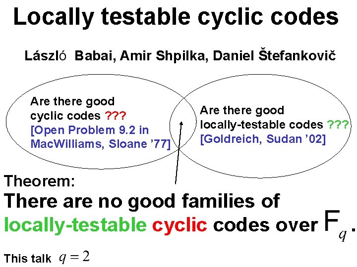 Locally testable cyclic codes László Babai, Amir Shpilka, Daniel Štefankovič Are there good cyclic
