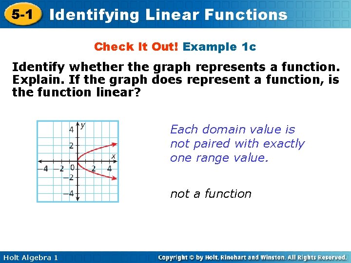 5 -1 Identifying Linear Functions Check It Out! Example 1 c Identify whether the