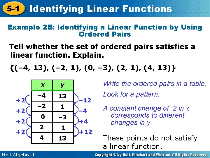 5 -1 Identifying Linear Functions Example 2 B: Identifying a Linear Function by Using