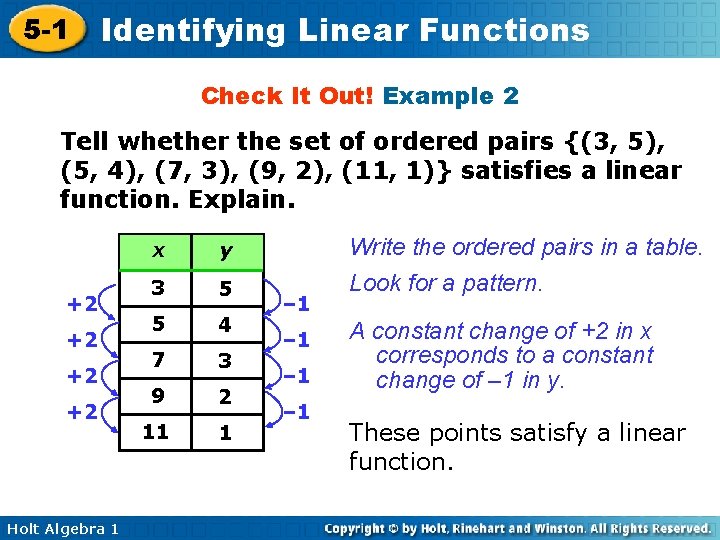 5 -1 Identifying Linear Functions Check It Out! Example 2 Tell whether the set