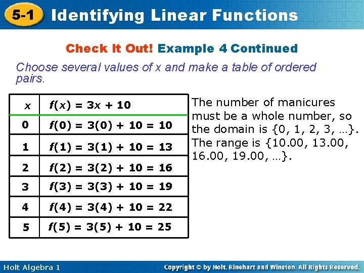 5 -1 Identifying Linear Functions Check It Out! Example 4 Continued Choose several values