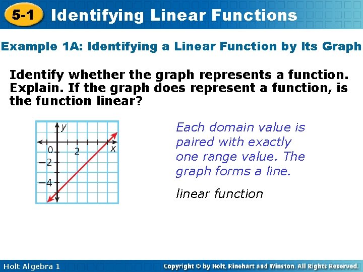 5 -1 Identifying Linear Functions Example 1 A: Identifying a Linear Function by Its
