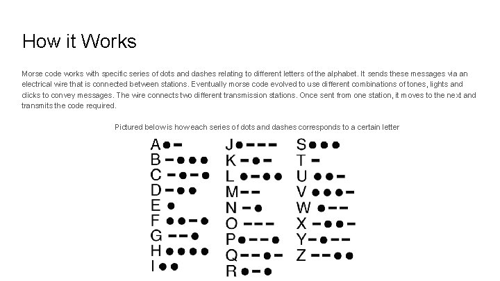 How it Works Morse code works with specific series of dots and dashes relating