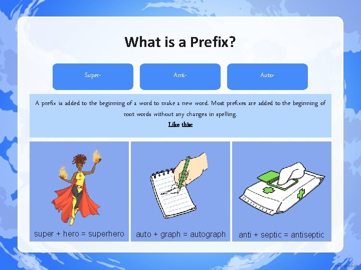 What is a Prefix? Super- Anti- Auto- A prefix is added to the beginning What is a Prefix? Super- Anti- Auto- A prefix is added to the beginning