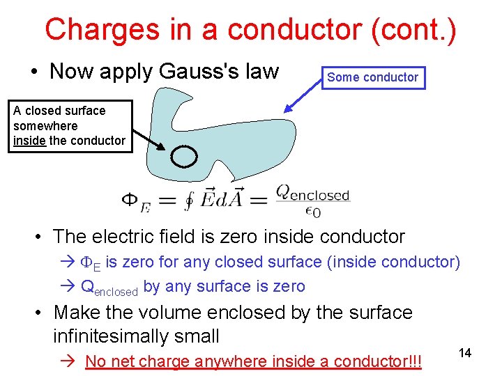 Charges in a conductor (cont. ) • Now apply Gauss's law Some conductor A