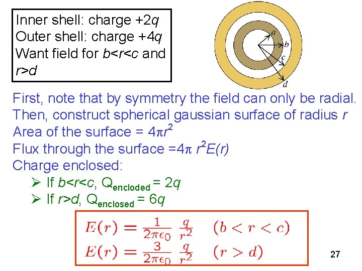 Inner shell: charge +2 q Outer shell: charge +4 q Want field for b<r<c