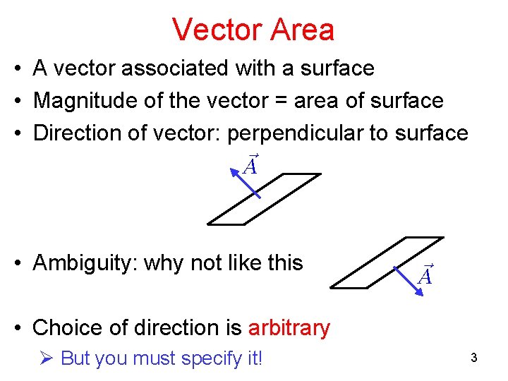 Vector Area • A vector associated with a surface • Magnitude of the vector