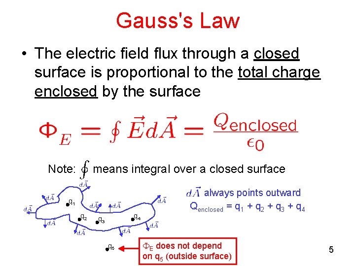 Gauss's Law • The electric field flux through a closed surface is proportional to