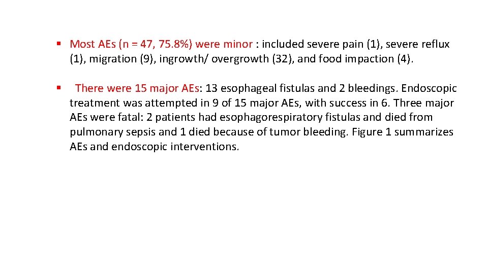 § Most AEs (n = 47, 75. 8%) were minor : included severe pain