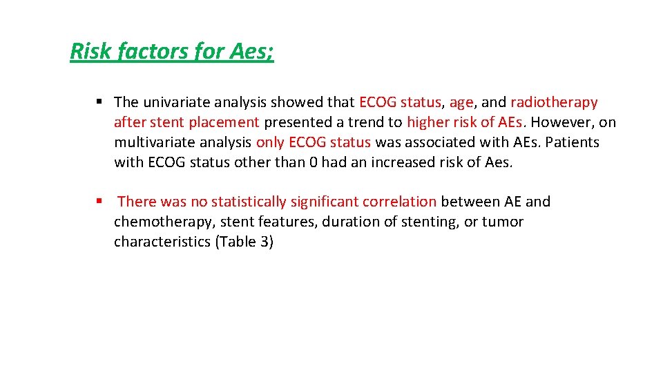 Risk factors for Aes; § The univariate analysis showed that ECOG status, age, and