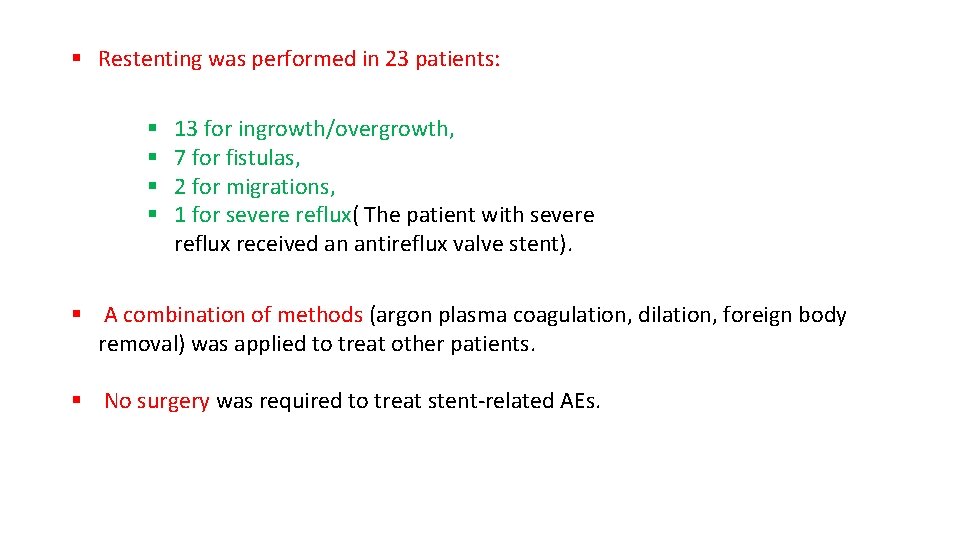 § Restenting was performed in 23 patients: § § 13 for ingrowth/overgrowth, 7 for