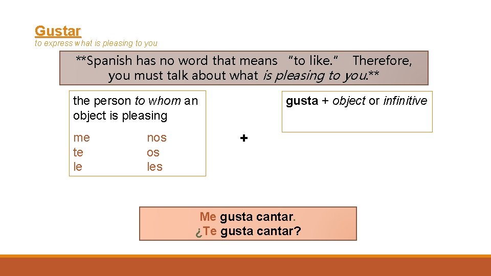 Gustar to express what is pleasing to you **Spanish has no word that means