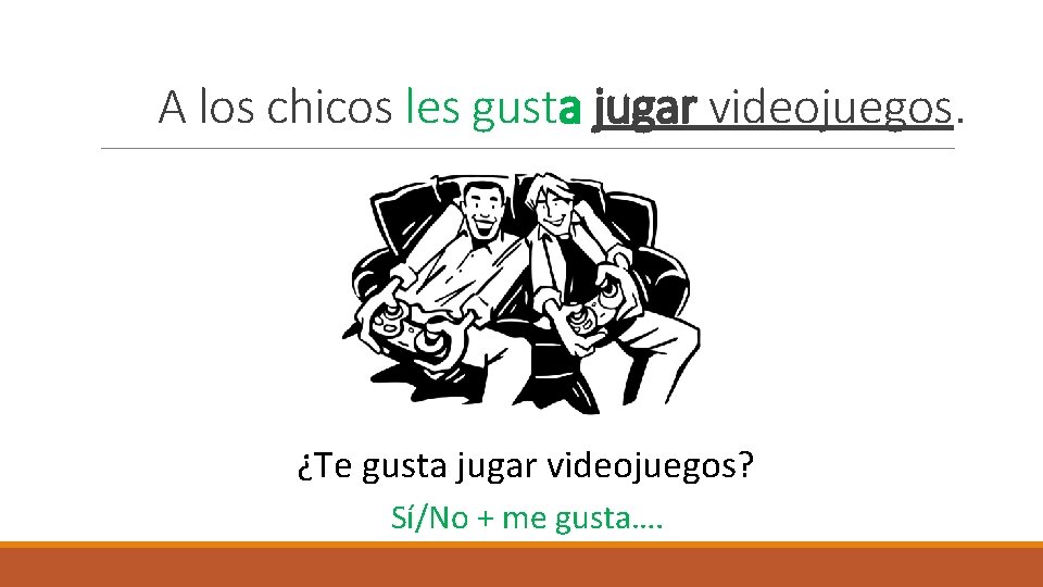 A los chicos les gusta jugar videojuegos. ¿Te gusta jugar videojuegos? Sí/No + me