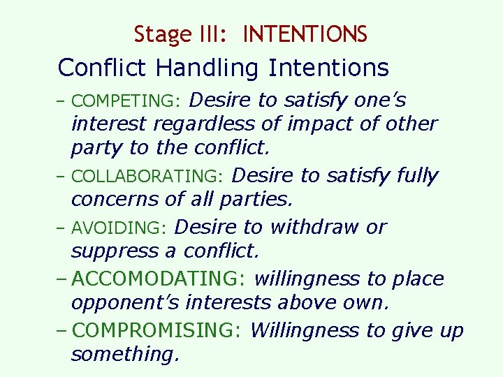 Stage III: INTENTIONS Conflict Handling Intentions – COMPETING: Desire to satisfy one’s interest regardless