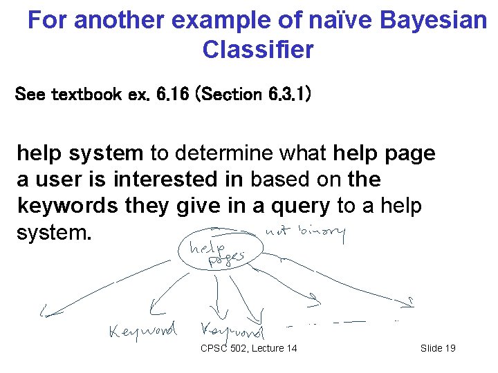 For another example of naïve Bayesian Classifier See textbook ex. 6. 16 (Section 6.