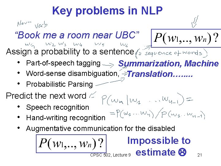 Key problems in NLP “Book me a room near UBC” Assign a probability to