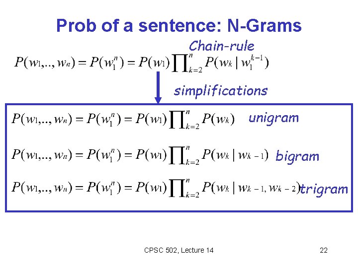 Prob of a sentence: N-Grams Chain-rule simplifications unigram bigram trigram CPSC 502, Lecture 14