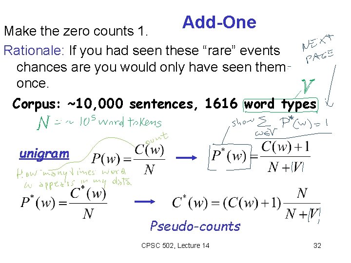 Add-One Make the zero counts 1. Rationale: If you had seen these “rare” events