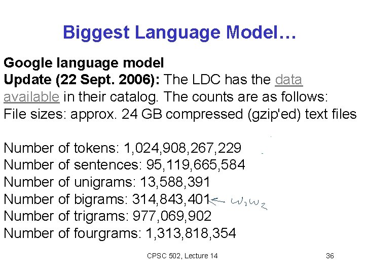 Biggest Language Model… Google language model Update (22 Sept. 2006): The LDC has the