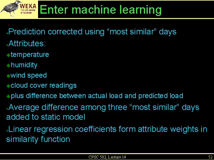 Enter machine learning Prediction corrected using “most similar” days ●Attributes: ● temperature ◆humidity ◆wind